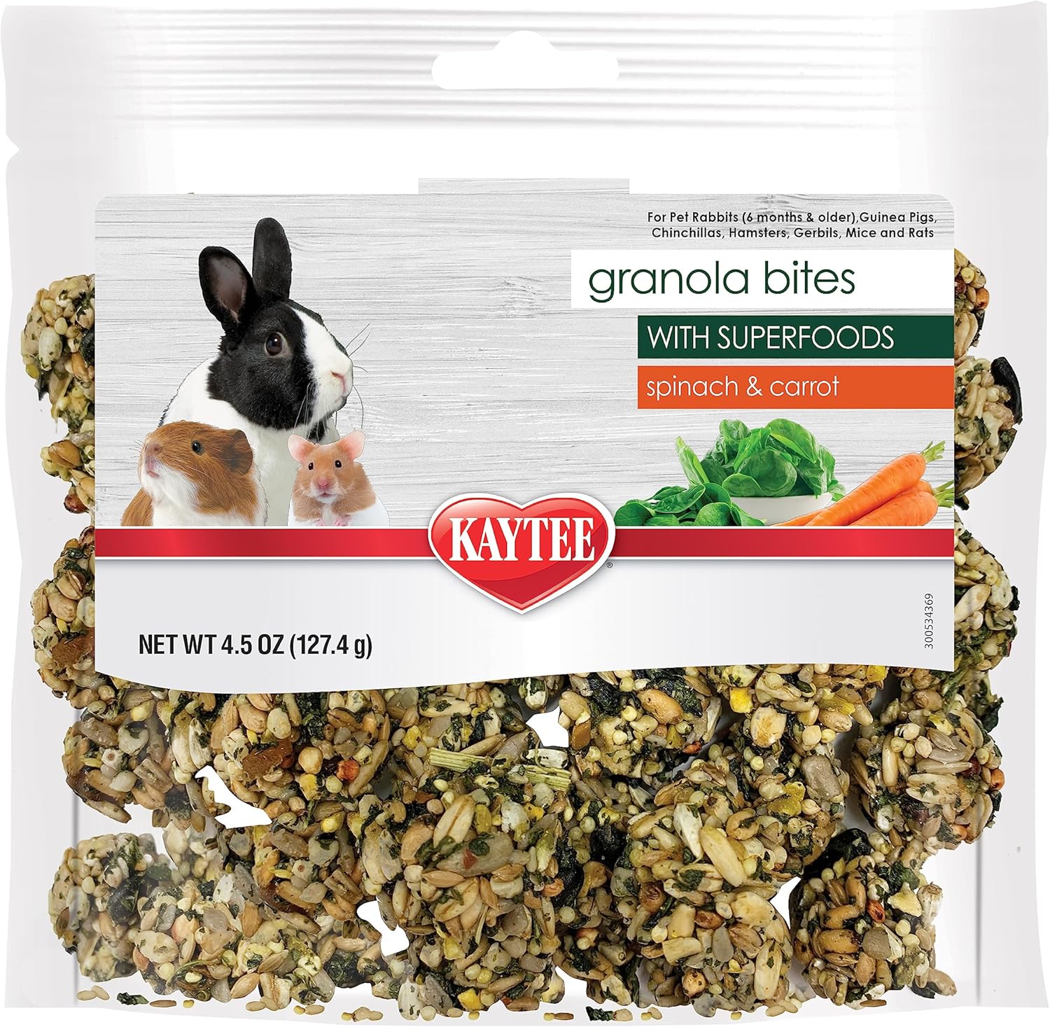 Kaytee Bocados de granola con superalimentos, espinacas y zanahorias para ratas, ratones, hámsters, jerbos, conejos, cobayas y chinchillas, 4.5 onzas