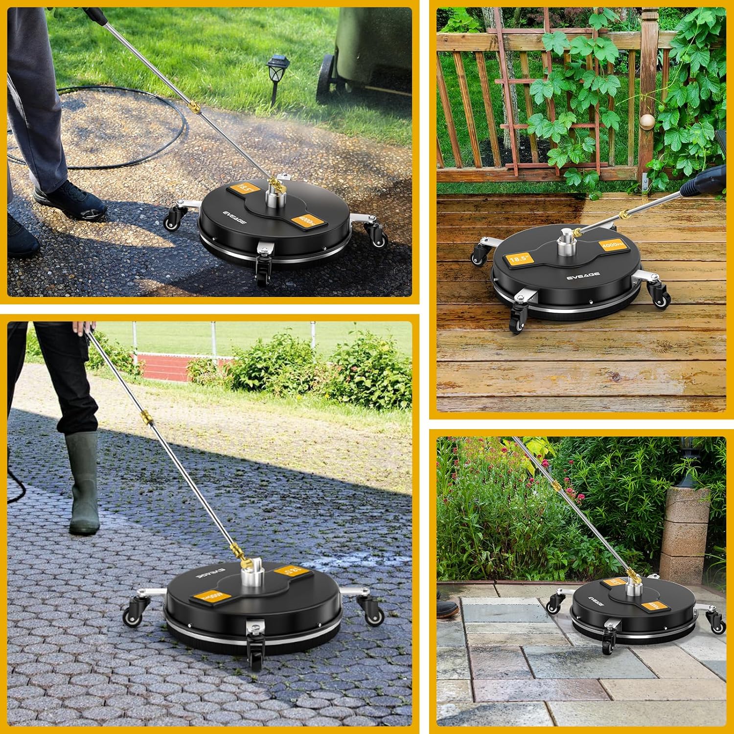 EVEAGE Limpiador de superficies de hidrolavadora de 18.5 pulgadas negro con 4 ruedas, accesorio de lavadora eléctrica de acero inoxidable para
