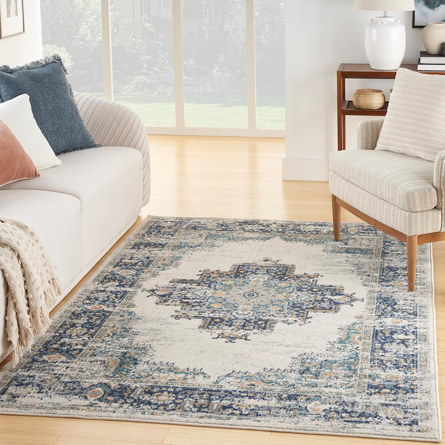 Nourison Passion Alfombra persa, marfilgrisazul, de 5 pies 3 pulgadas x 7 pies 3 pulgadas, fácil de limpiar, no desprende pelo, para habitación,