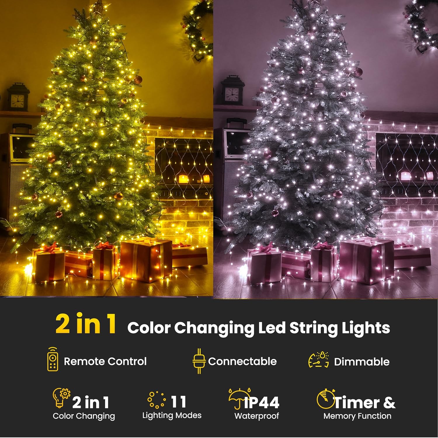 LYHOPE Luces de Navidad, 98.4 pies, 300 luces LED de hadas de Navidad, luces cálidas y blancas que cambian de color, con control remoto, 11 modos,