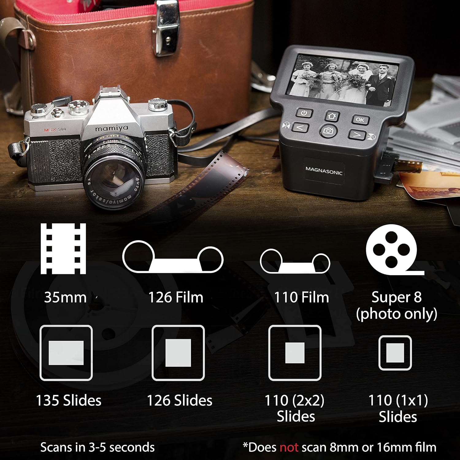 Magnasonic Escáner de película todo en uno de 24 MP con pantalla grande de 5 pulgadas y HDMI, convierte películas de 1.378 in126110Super 8 y