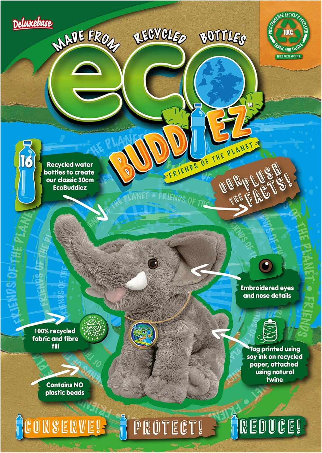 Elefante de Deluxebase. Peluche de peluche mediano de 9.0in hecho de botellas de plástico reciclado. Regalo respetuoso del medio ambiente para niños