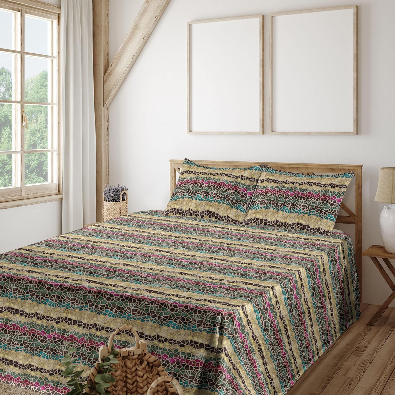 Ambesonne Contemporary Sheet Set, Lace Like Aged Motif Geometric Shapes Abstract Style of Illustration, Fitted and Flat Sheet with Pillowcases