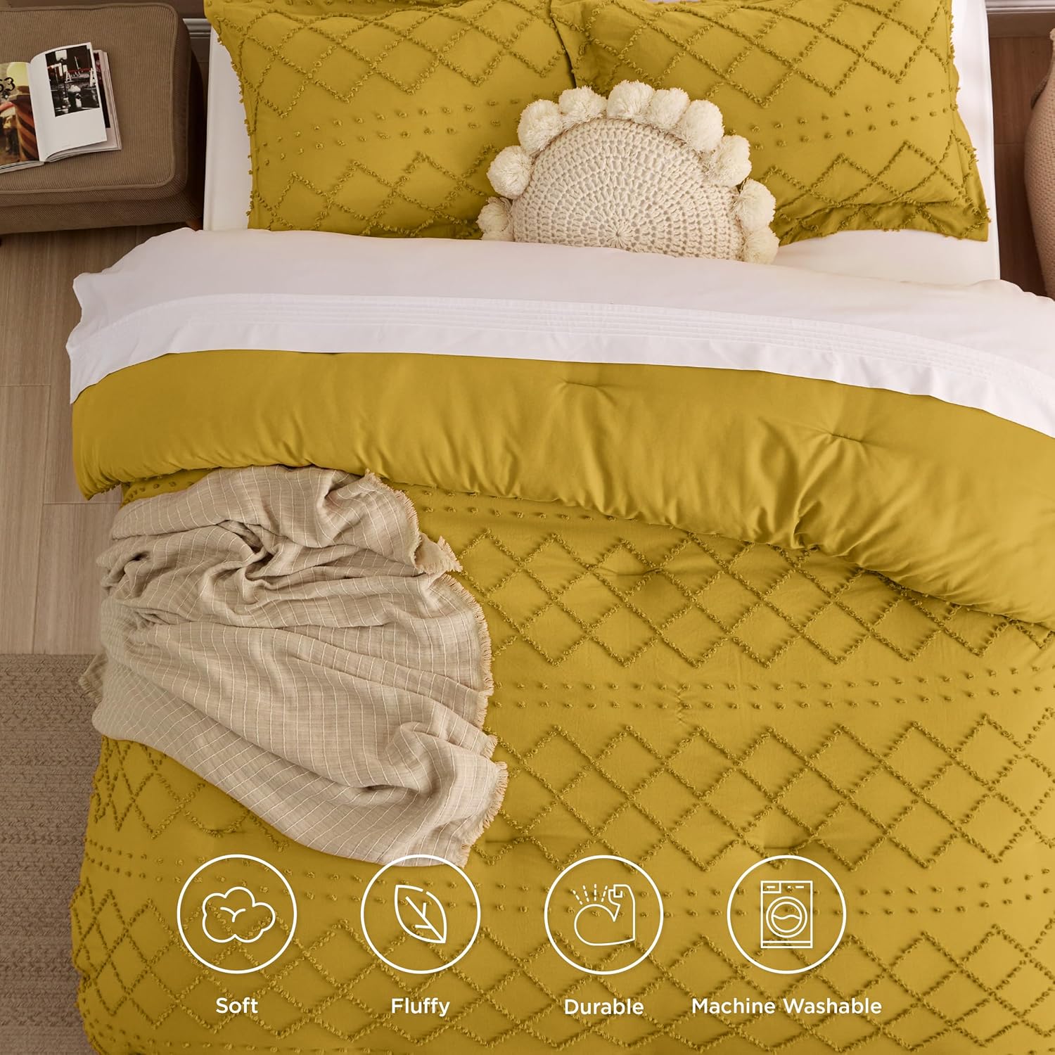 Bedsure Juego de edredón tamaño King  Edredón amarillo mostaza, juego de ropa de cama bohemio desgastado chic, juego de ropa de cama de 3 piezas
