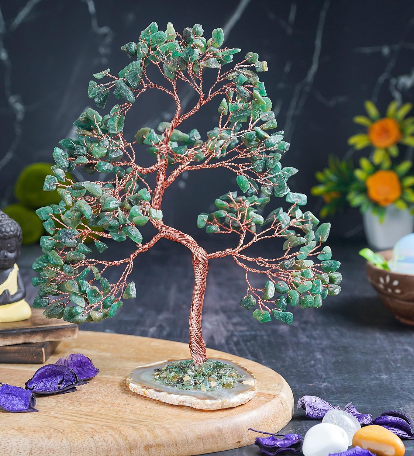Árbol de piedras preciosas de aventurina verde  Base de rodajas de ágata geoda, árbol de cristal hecho a mano para energía positiva, piedra curativa