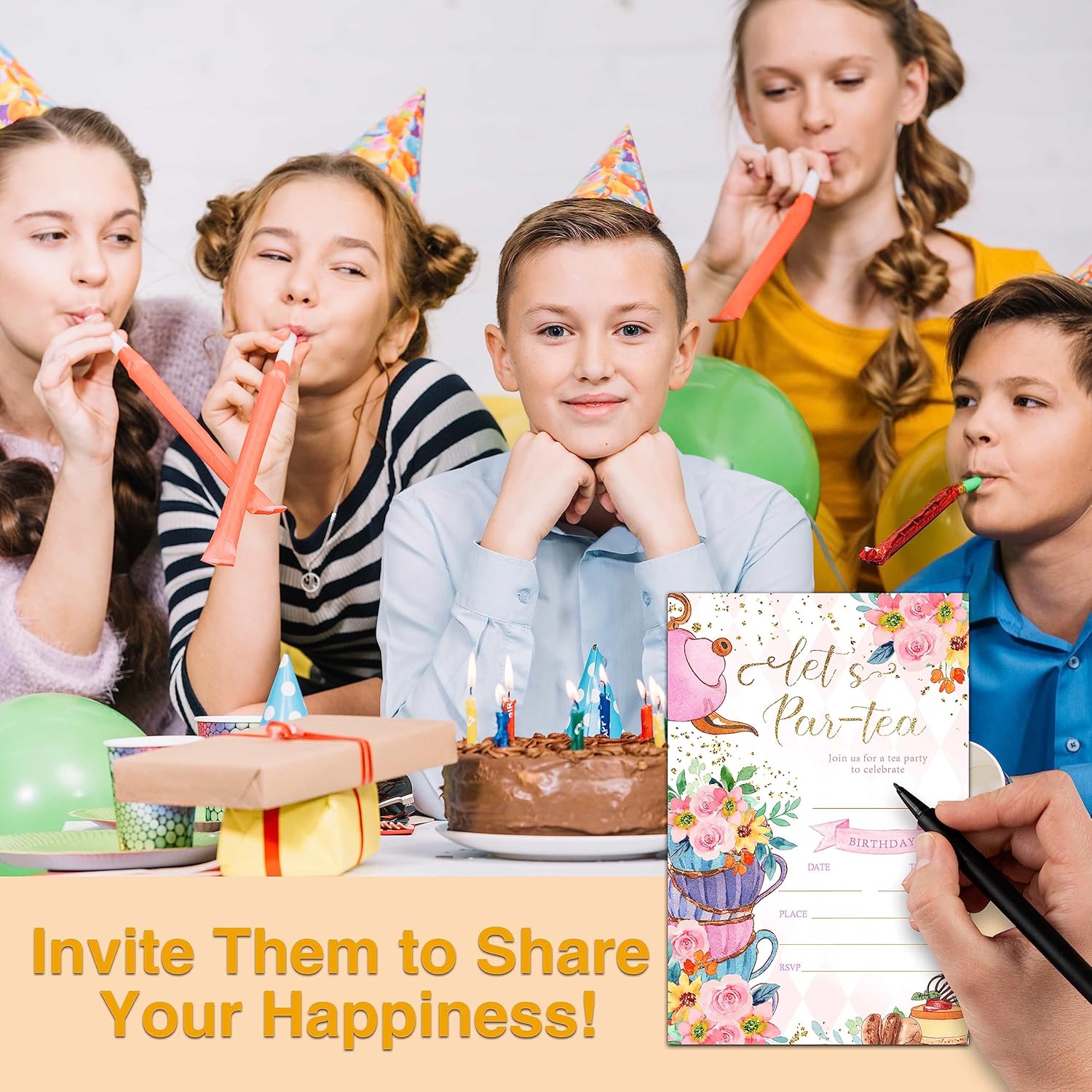 Par-tea Invitaciones para fiesta de cumpleaños, 20 tarjetas de invitación con sobres, 4 x 6 pulgadas, invitaciones de cumpleaños de té floral para
