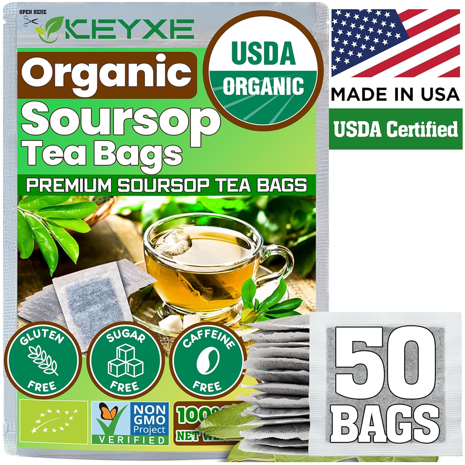 KEYXE Té de guanábana certificado orgánico por USDA y verificado sin OMG, 50 bolsas de té de guanábana hechas a mano con 100% hoja de guanábana, sin