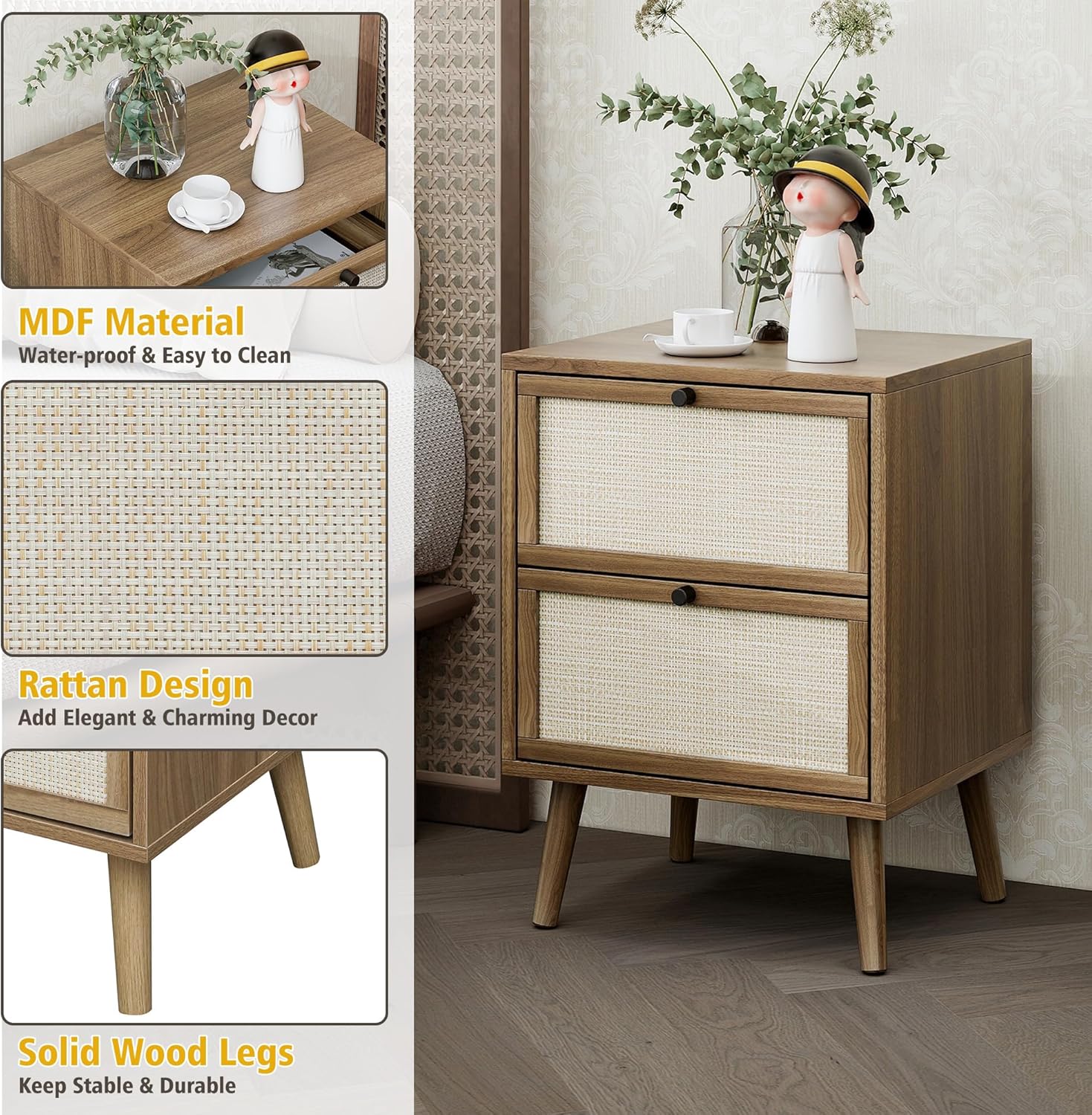 Juego de 2 mesitas de noche de ratán, mesa auxiliar de ratán con 2 cajones decorados a mano, mesa decorativa de madera con 2 cajones de