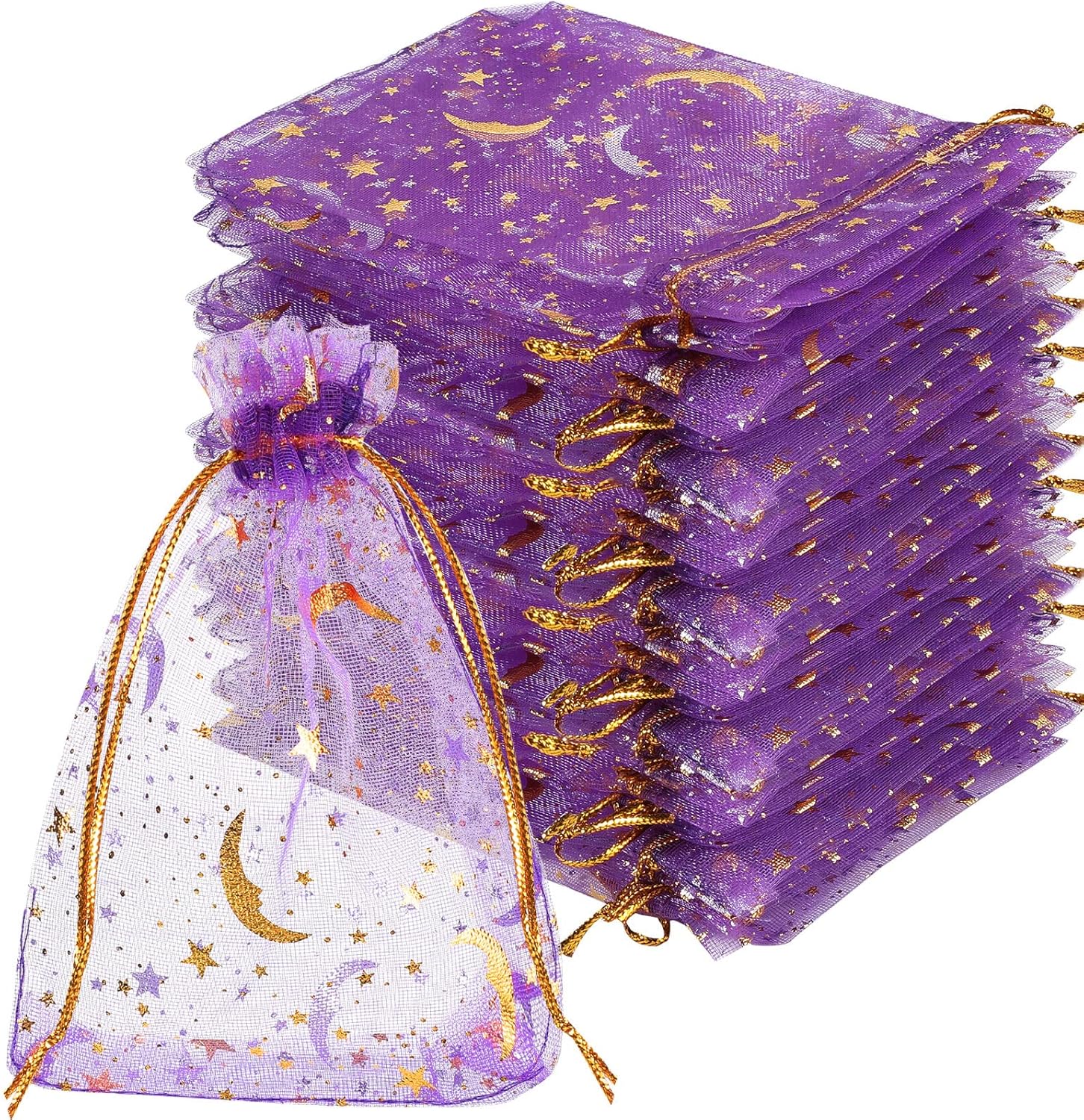Shappy 150 bolsas de organza con cordón y estrellas de luna, bolsas de regalo de joyería, bolsas de organza con estrellas doradas para Navidad,