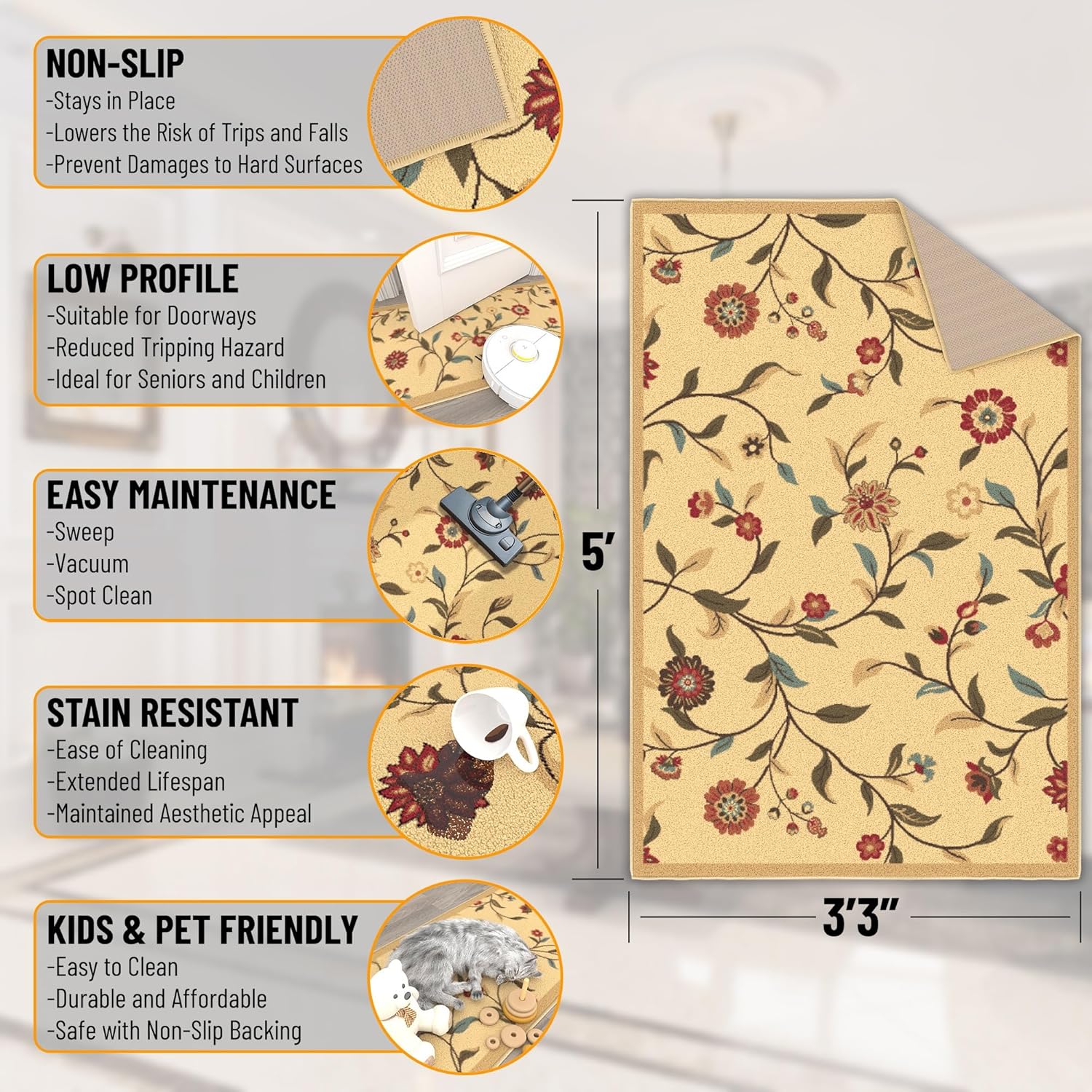 Ottomanson Ottohome Collection – Alfombra antideslizante de goma con diseño de hojas florales de 3 x 5 pies, 3 pies 3 pulgadas x 5 pies, color beige
