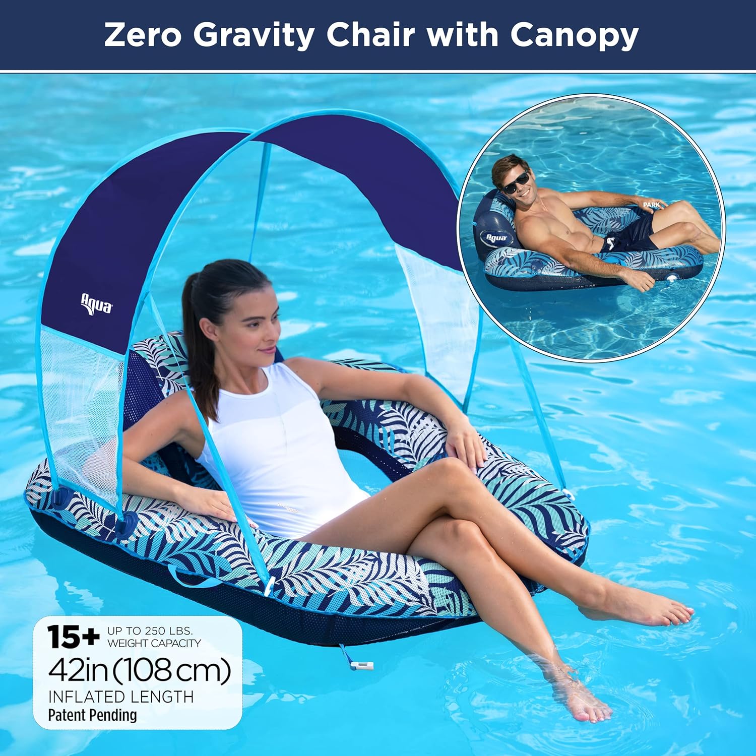 Aqua Campania Ultimate – Tumbona de piscina 2 en 1 con respaldo ajustable y carrito + nueva silla de piscina Aqua Zero Gravity Flotador con toldo
