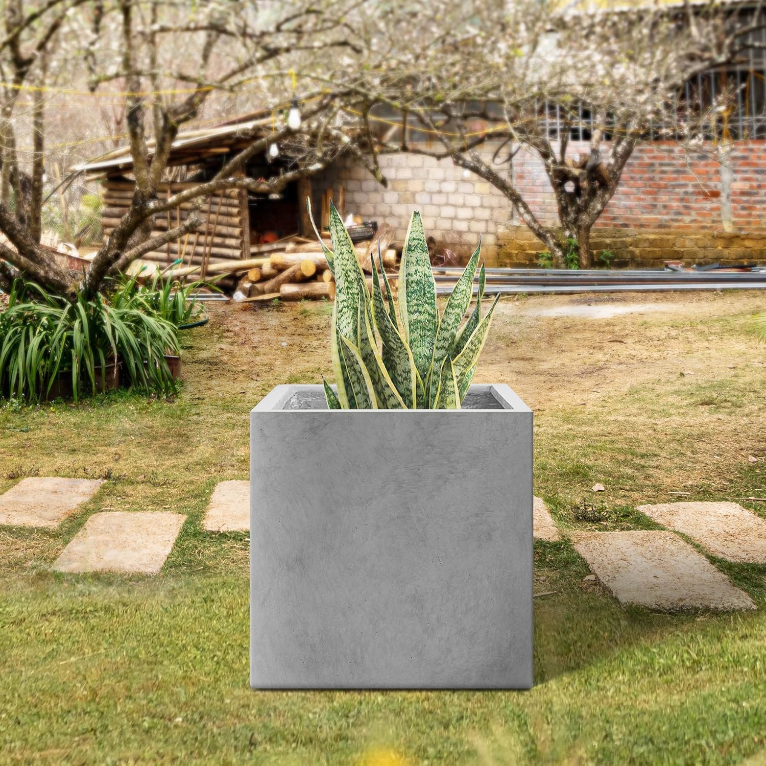 Kante Maceta cuadrada de hormigón de 10 pulgadas para exteriores, interiores, patio, jardín, maceta grande con orificio de drenaje y tapón de goma,