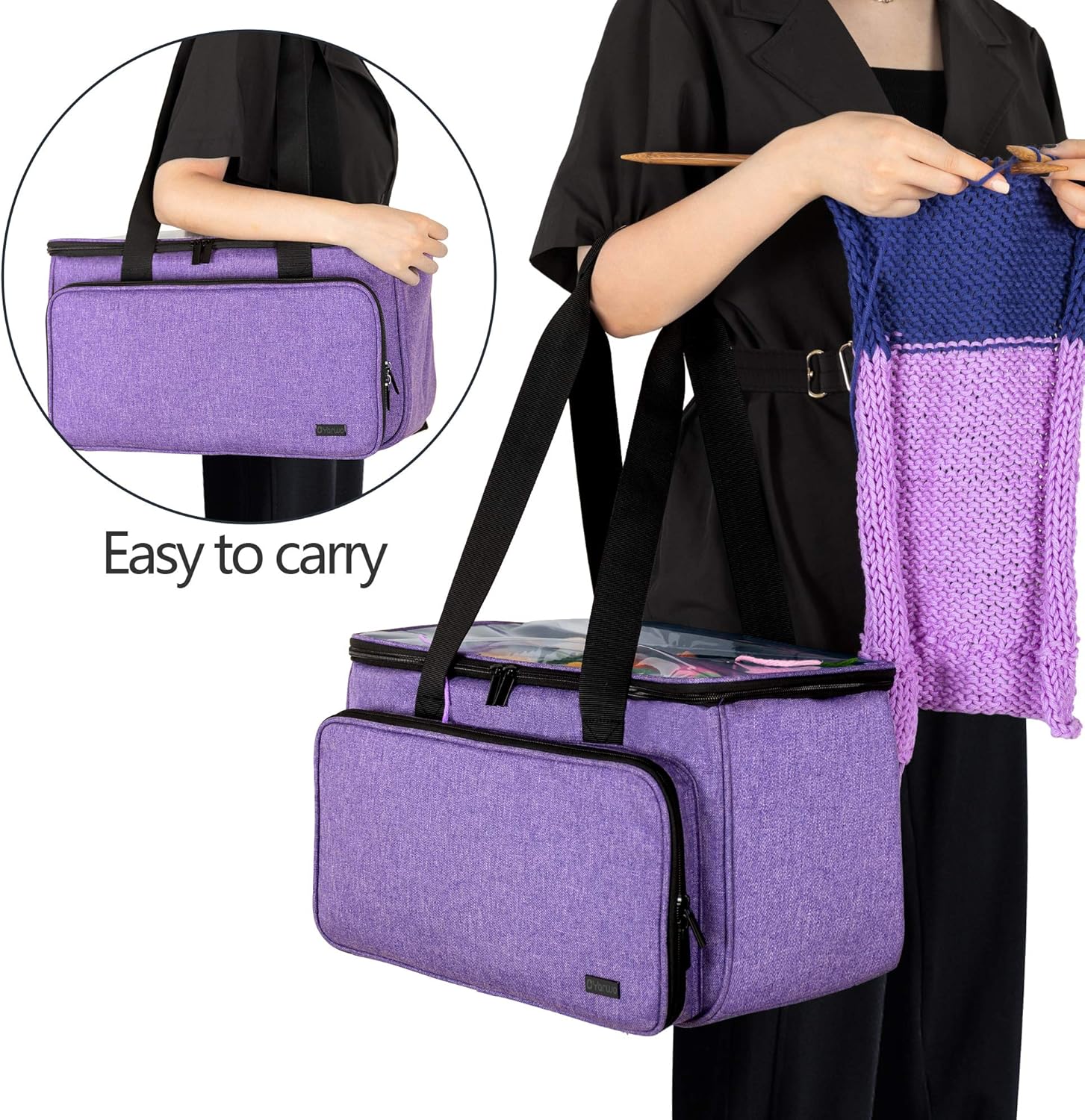 Yarwo Bolsa de hilo de tejer, bolsa de ganchillo con bolsillo para proyectos de limpieza, agujas de tejer (hasta 14 pulgadas) y madejas de hilo,