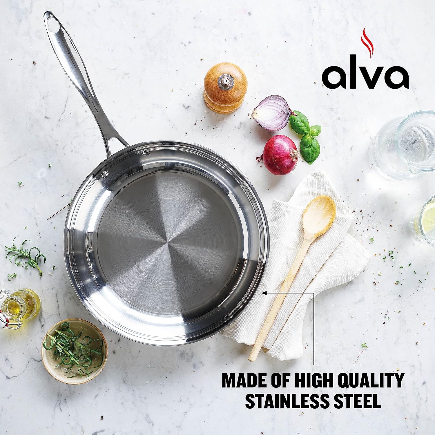 Alva Sartén para chef, sartén de acero inoxidable, apta para horno, compatible con inducción, sartén para tortilla apta para lavavajillas, sartén