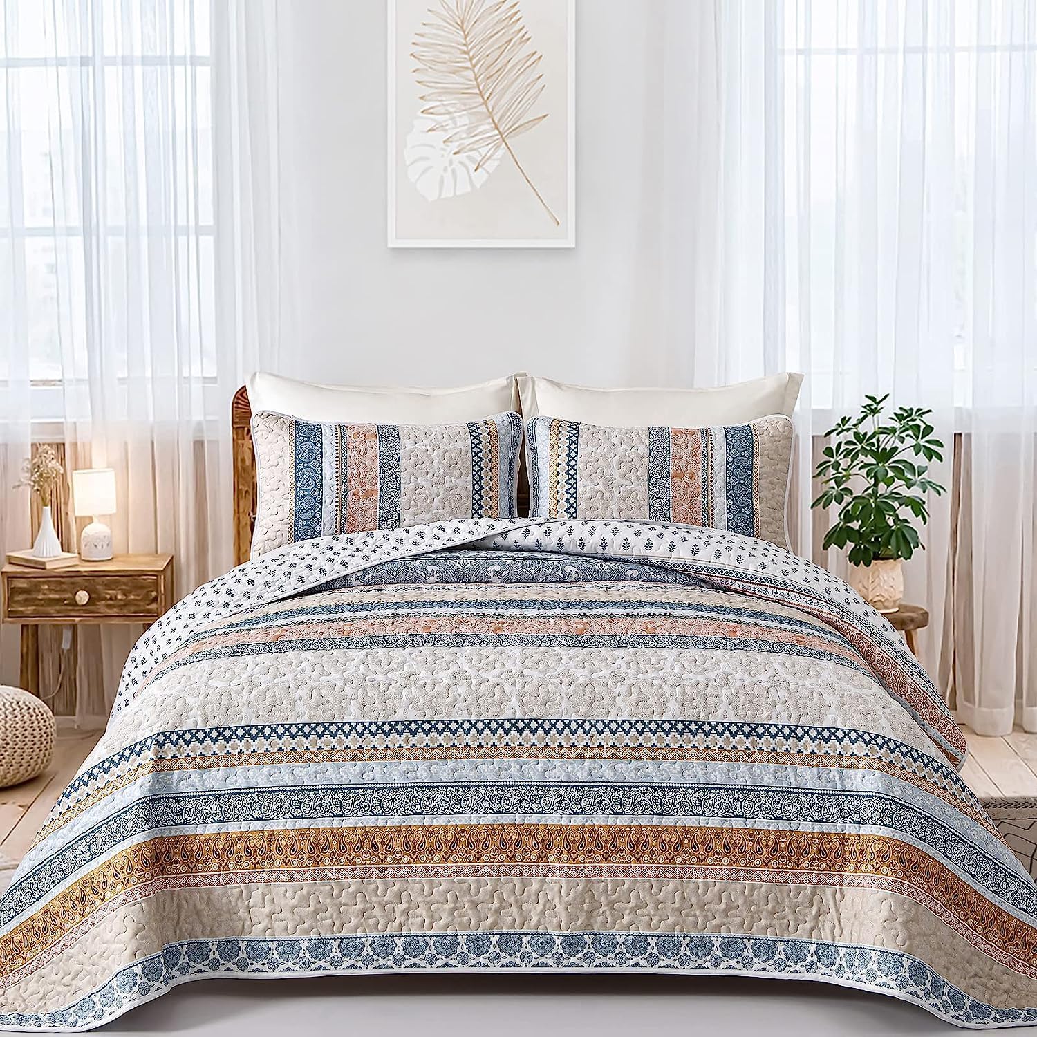 WONGS BEDDING Juego de edredón bohemio tamaño matrimonial, juego de edredón bohemio amarillo de 3 piezas, juego de ropa de cama de verano ligero