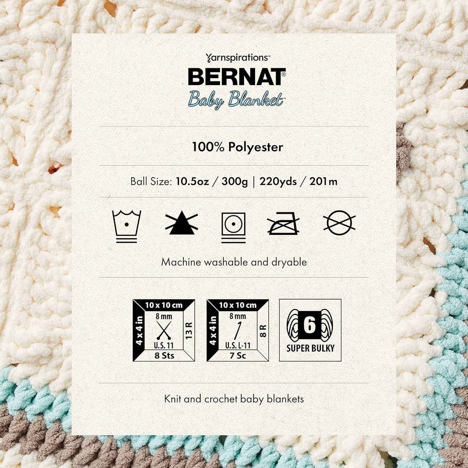 Bernat BABY BLANKET BB – Hilo blanco  1 paquete de 10.5 onzas  Poliéster  #6 súper voluminoso  220 yardas  Tejidoganchillo