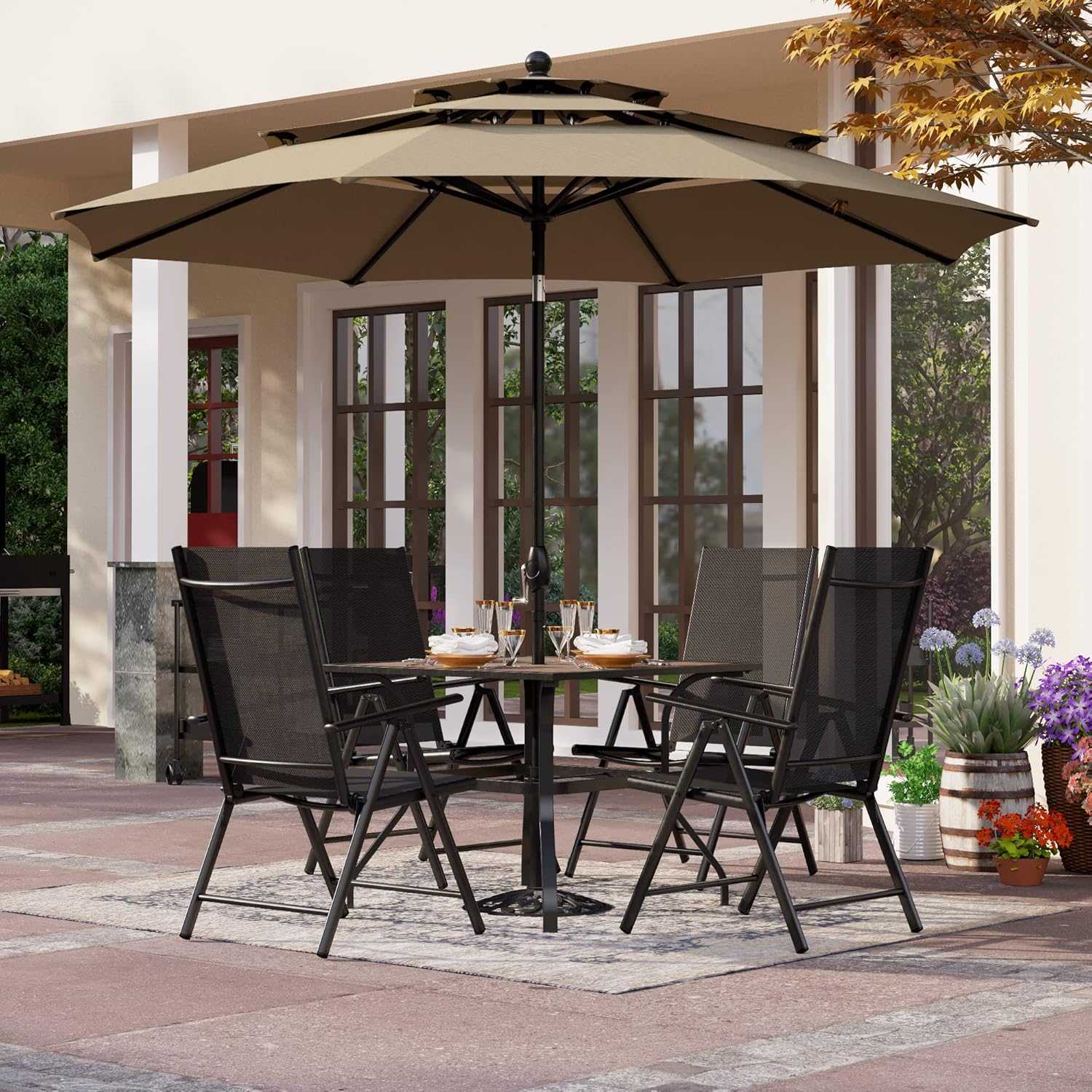 PHI VILLA Juego de 4 sillas plegables de comedor para patio, sillas reclinables y portátiles ajustables para patio, sillas reclinables de aluminio