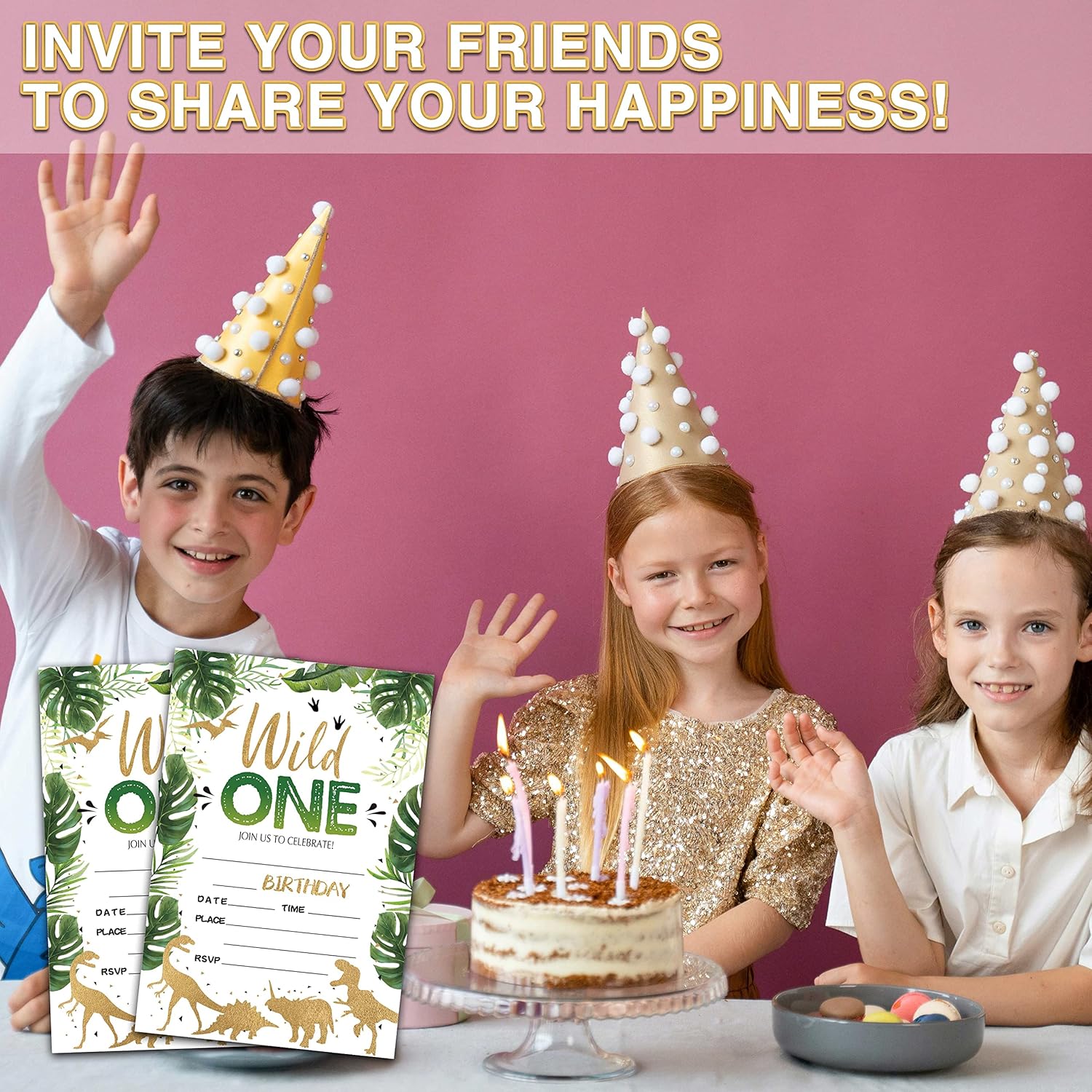 Invitaciones para fiesta de primer cumpleaños, invitaciones de cumpleaños Wild One para niños y niñas, invitaciones de safari dorado en la selva,