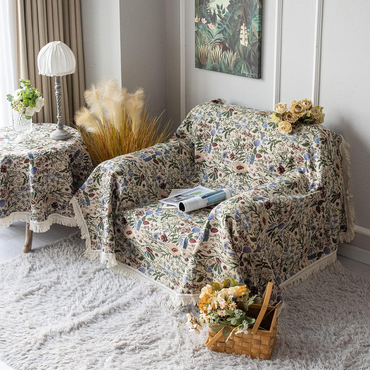 SUTAVIA Mantel floral francés hecho a mano de tela de algodón con encaje vintage con patrón de jardín de bayas de mesa, manta multiusos para el