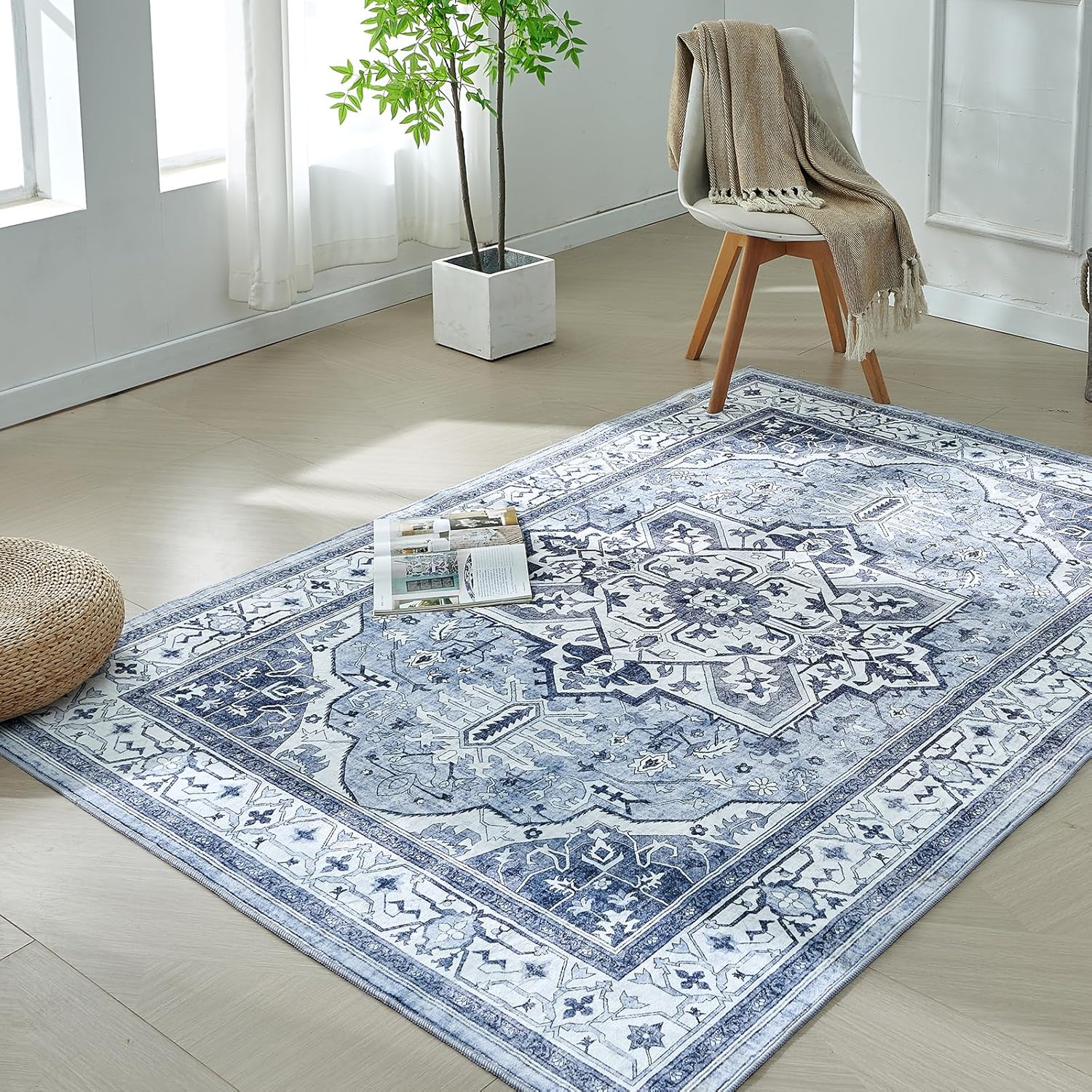 Alfombra clásica para entrada, delgada, lavable a máquina, plegable, persa, estilo bohemio, desgastado, para cocina, color azul claromulticolor, 3 x