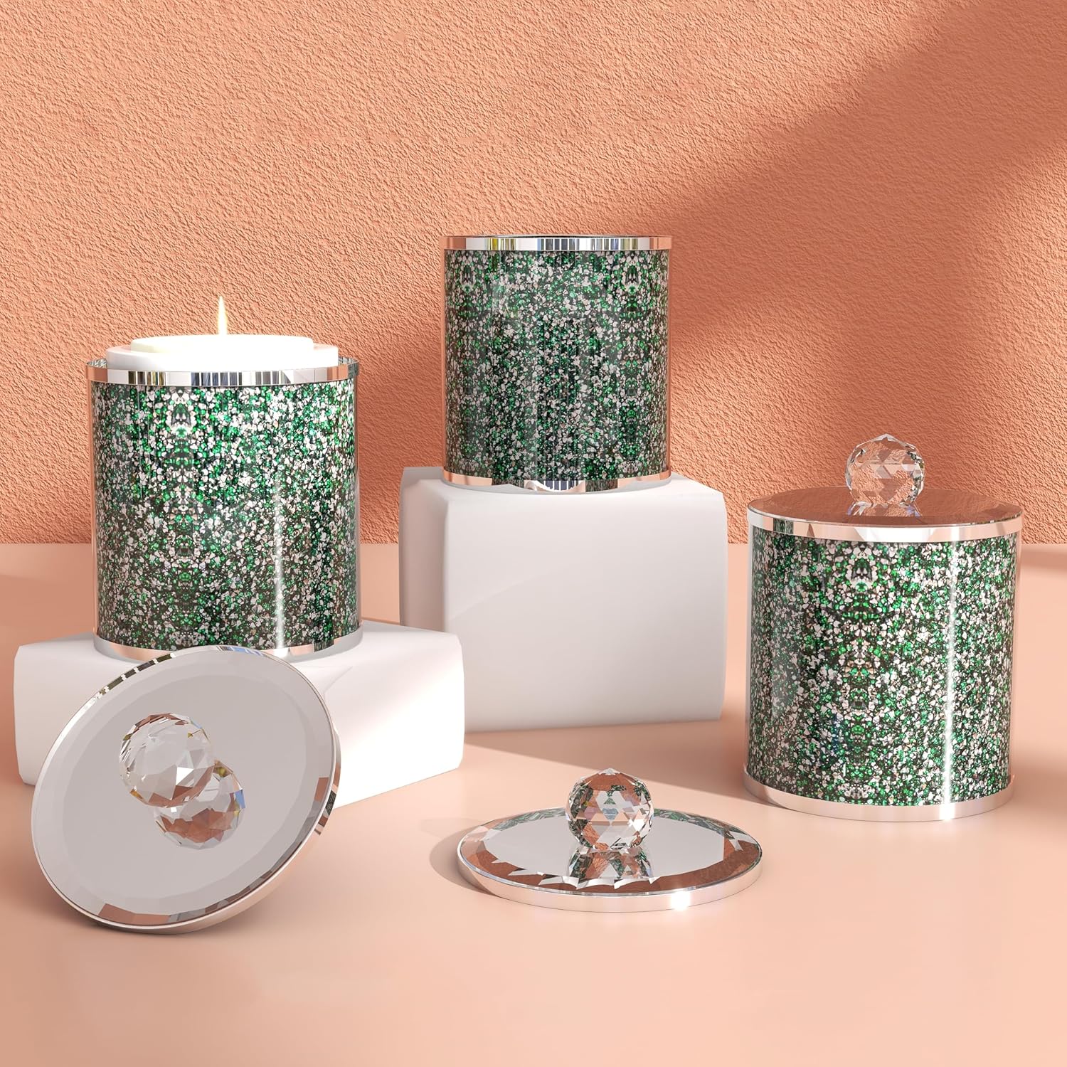 SHYFOY Juego de 3 recipientes de vidrio decorativos, tarros verdes con tapa, diamante triturado, decoración del hogar, contenedor de almacenamiento