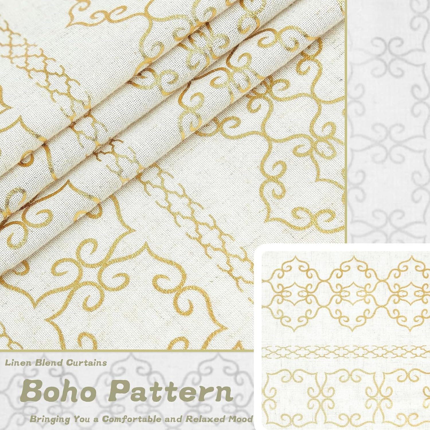 ZHOCHI Cortinas de lino para ventana, con estampado metálico de rayas bohemias, de mezcla natural, con ojales en la parte superior,
