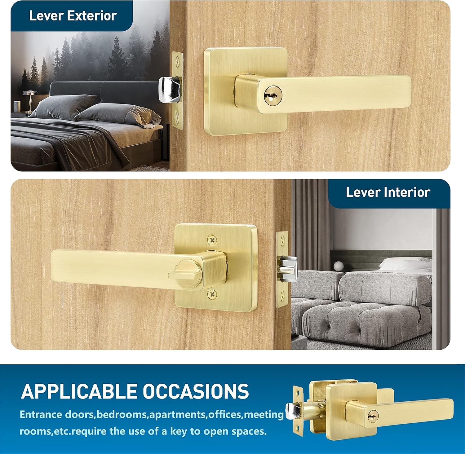 Leydebong Paquete de 10 manijas de puerta doradas, manijas de puerta de entrada con llaves, cerradura de puerta resistente, diseño moderno y