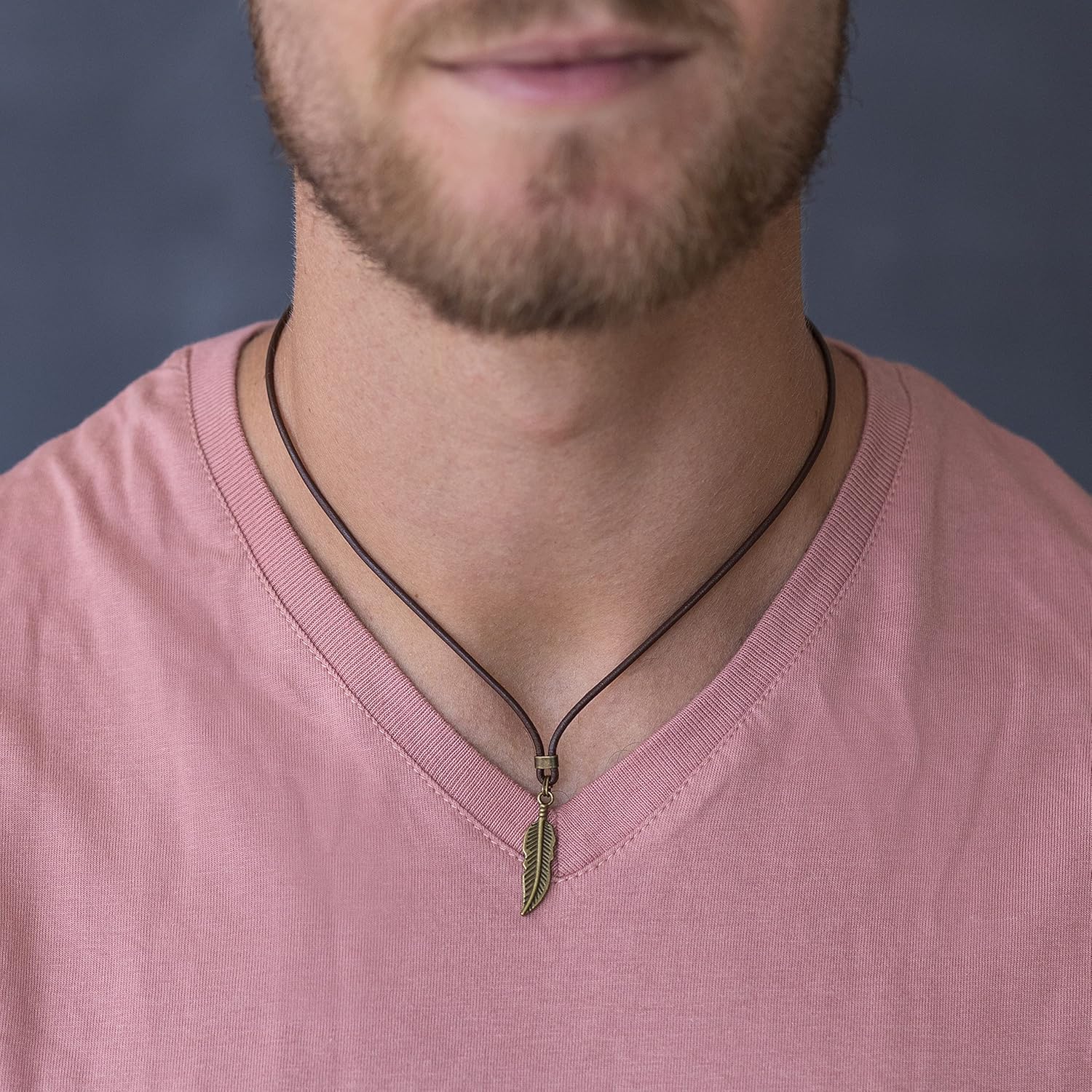 Men’s Feather Necklace, Short Brown Leather & Brass Pendant Choker Necklace for Men, Spiritual Nature Inspired Hippie Festival Choker for Men,