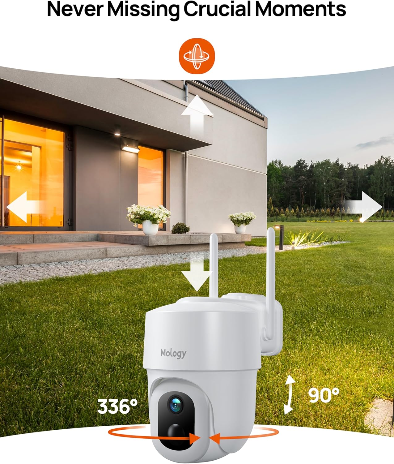 Mology Cámara de seguridad inalámbrica para exteriores, 2K 3MP con energía solar WiFi con visión nocturna a todo color, reflector, detección de