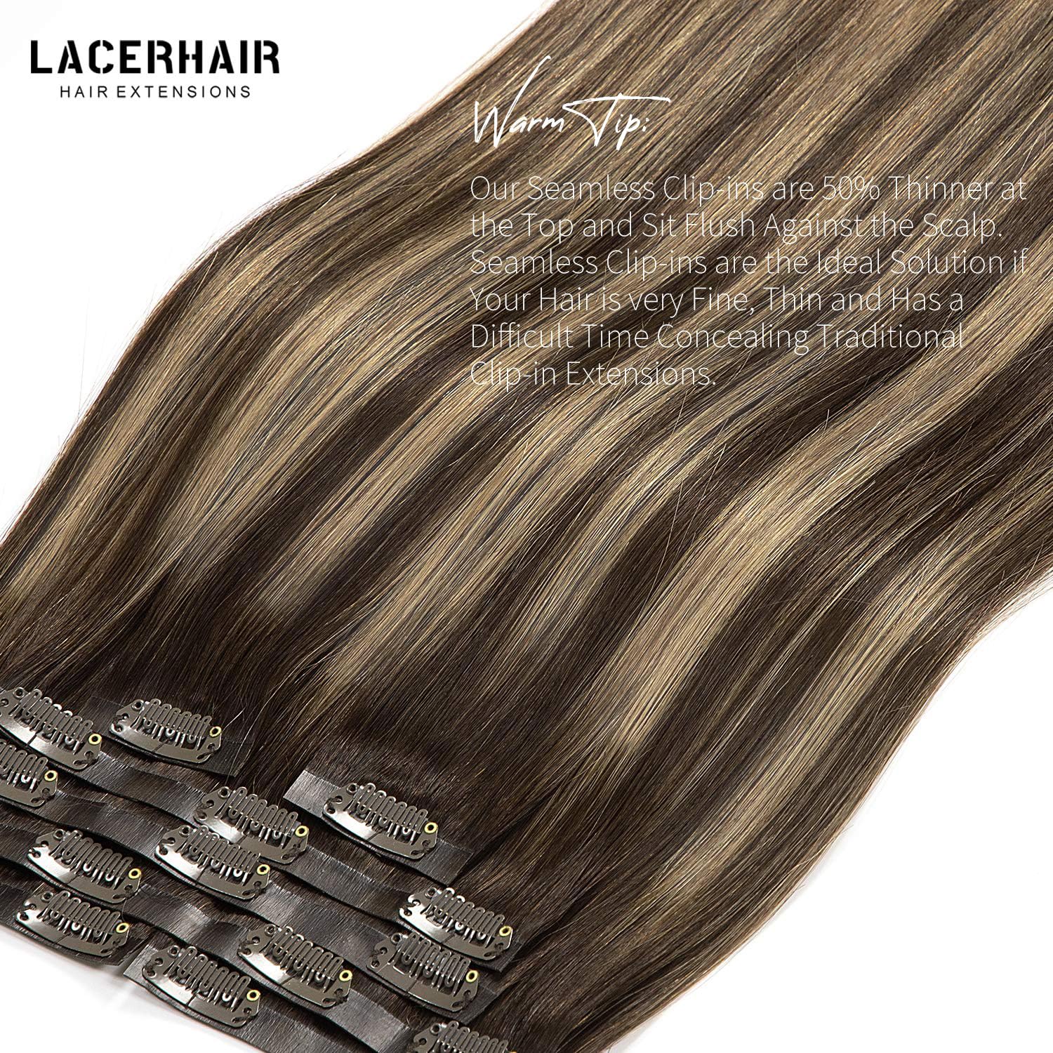 Lacer Extensiones de cabello humano con clip, sin costuras, con raíces de castaño castaño mezclado con marrón oscuro con raíces marrón oscuro,