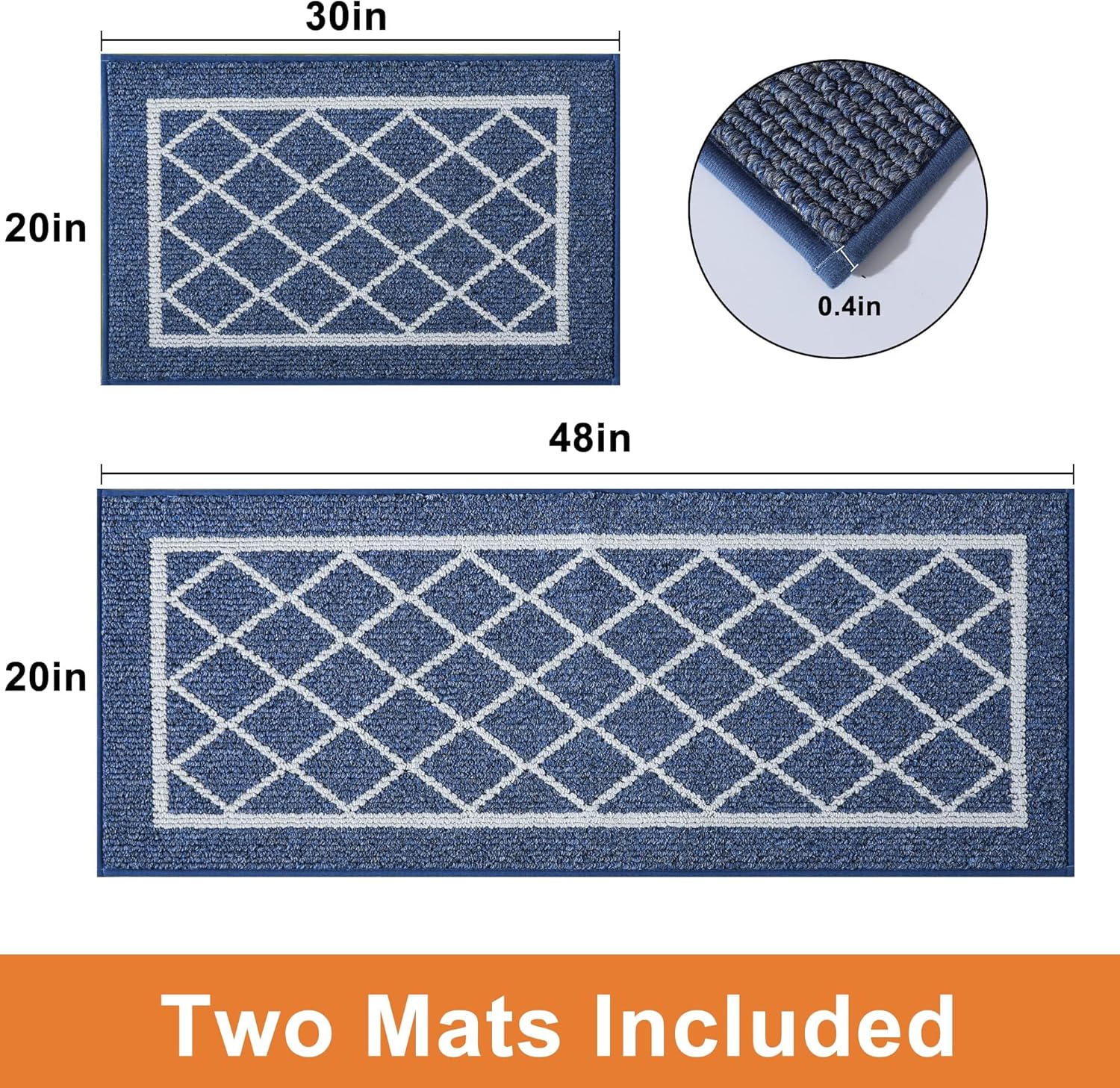 BEQHAUSE – Juego de 2 tapetes de cocina lavables, antideslizantes, juego de 2 tapetes de cocina absorbentes, color azul marino con respaldo de