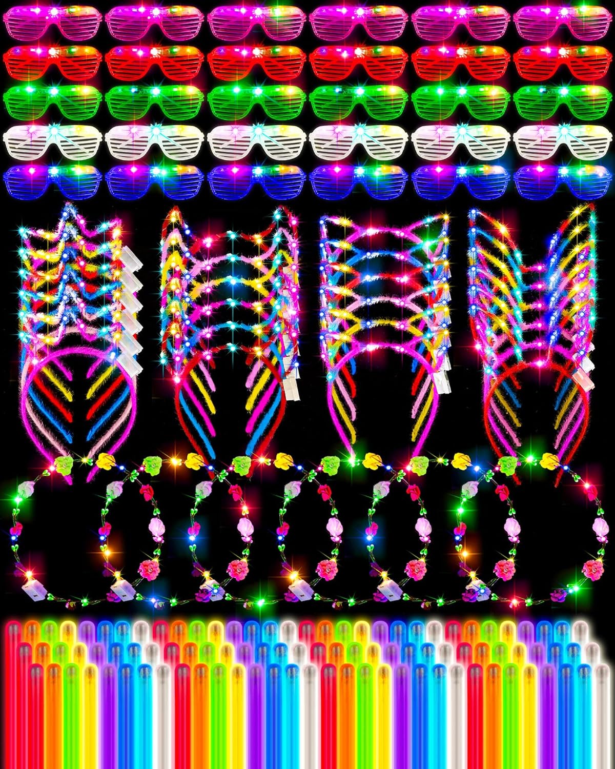 160 piezas de suministros de fiesta que brillan en la oscuridad, 30 pares de anteojos LED, 30 diademas para la cabeza, 100 palitos iluminados,