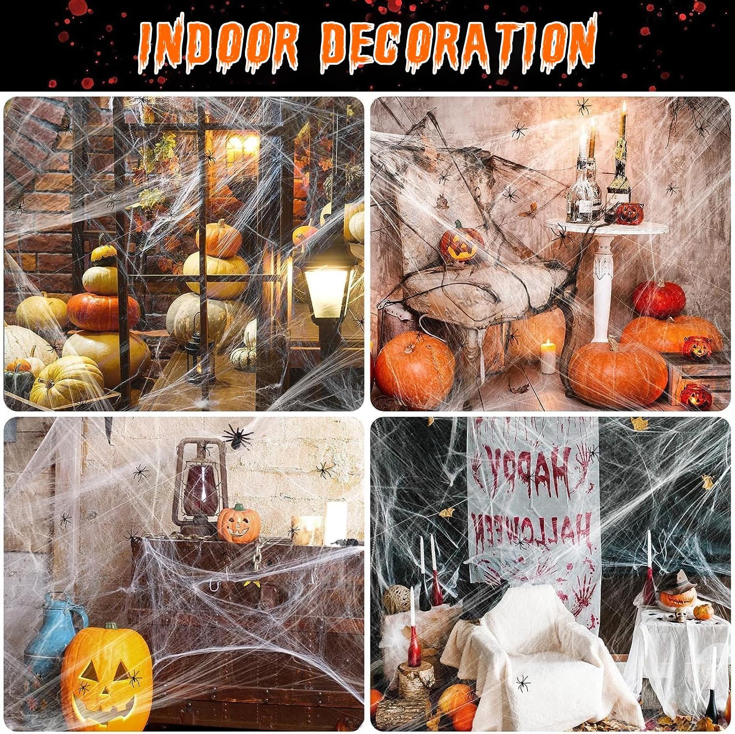 Telaraña de Halloween de 1500 pies cuadrados con 60 arañas falsas extra, telarañas falsas superelásticas, telarañas blancas espeluznantes,