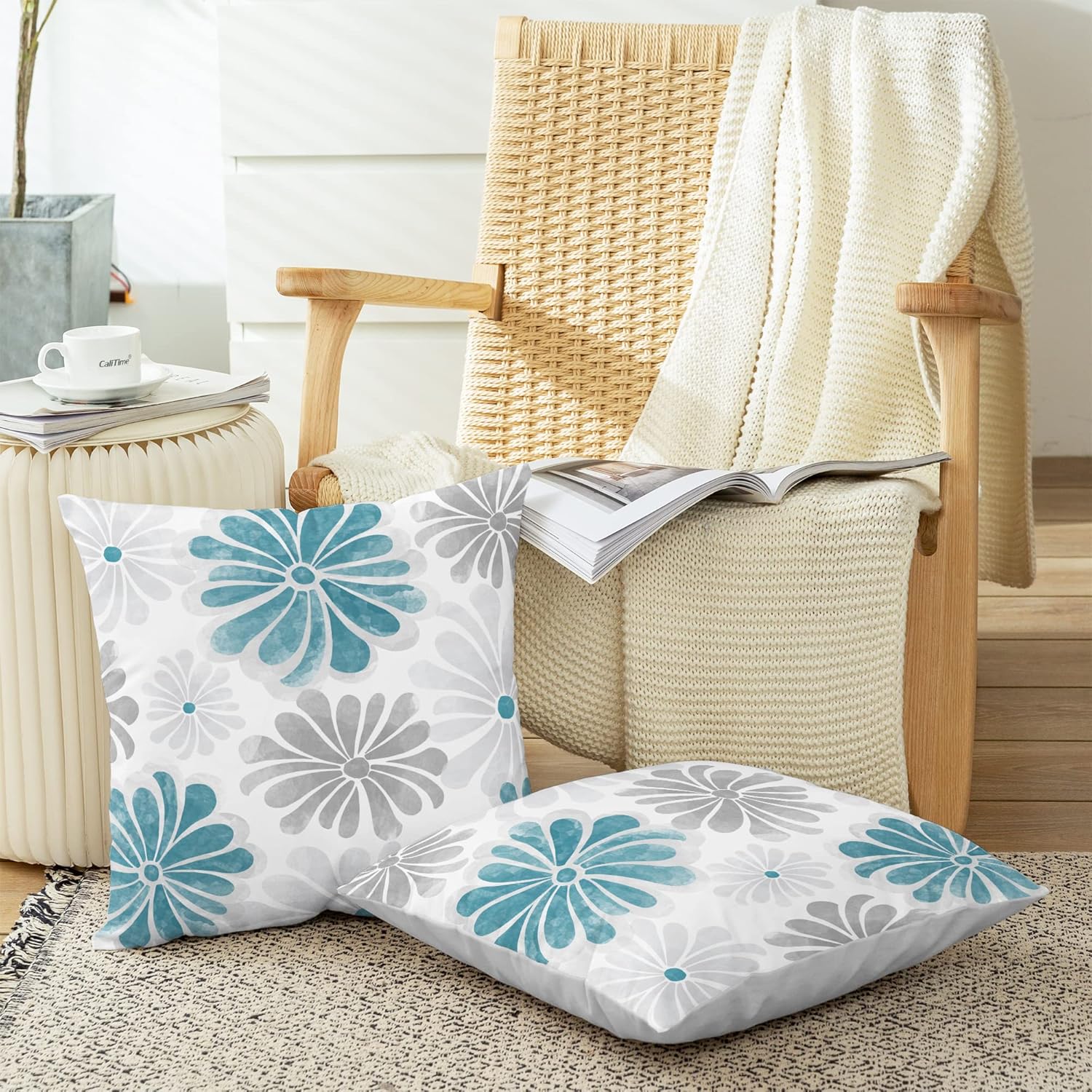 CaliTime Juego de 2 fundas de almohada decorativas de vellón de dos tonos con flores florecientes para sofá, cama, decoración de casa rural, 16 x 16