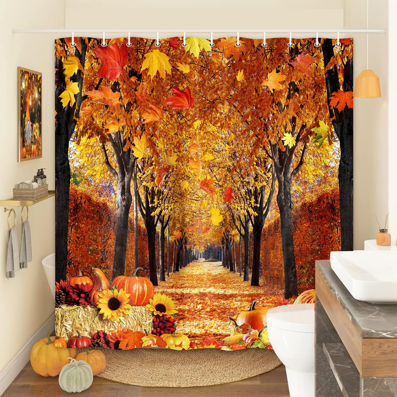 Cortina de ducha de árboles de arce otoñal, cortinas de ducha de calabaza de cosecha, árboles de hoja caduca, hojas de temporada, camino a través