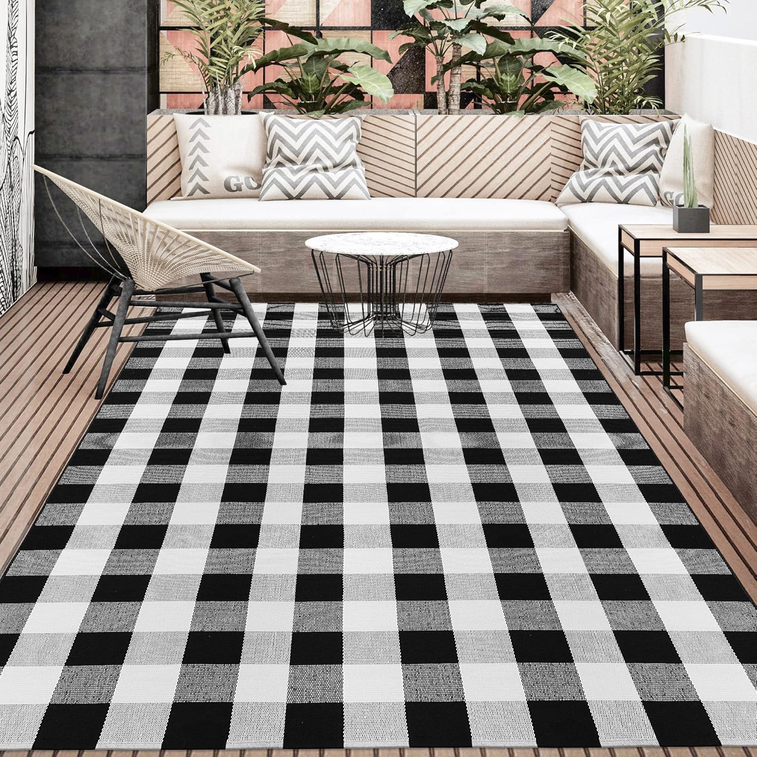 Alfombra de cuadros de búfalo de 5 x 8 pies, alfombra de algodón a cuadros blancos y negros, tejida a mano, lavable para interiores y exteriores,