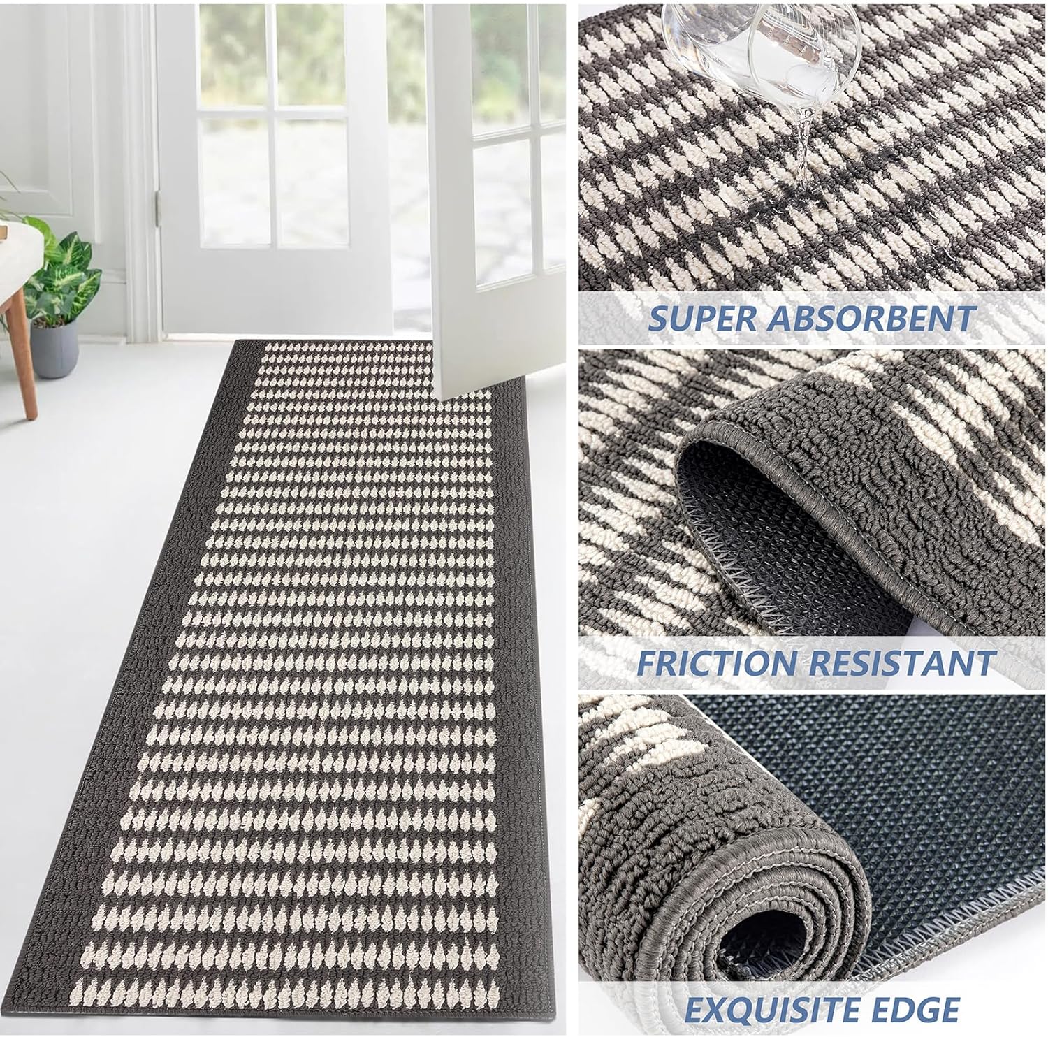 Timo Alfombra de pasillo, 2 x 8 pies de largo, para interiores, lavables, para pasillos, antideslizante, absorbente de agua, alfombra de entrada,