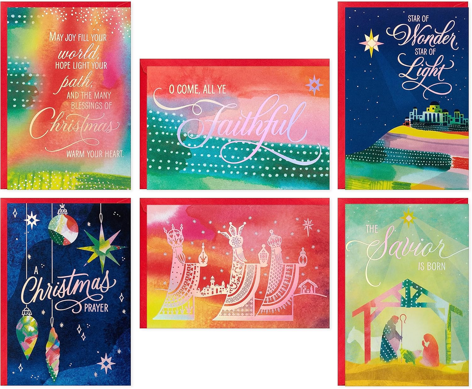 Hallmark – Surtido de tarjetas de Navidad religiosas en caja, Star of Wonder (36 tarjetas y sobres) rosa, azul, amarillo, verde, naranja