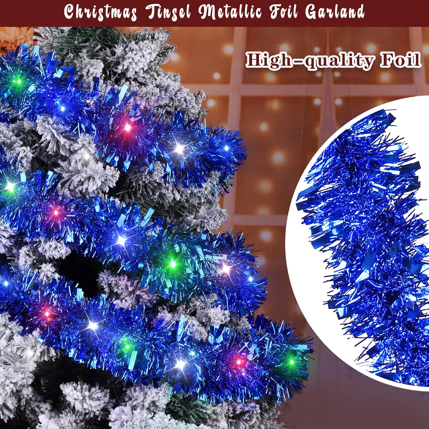 Fovths Guirnalda de oropel de Navidad de 39.4 pies con 120 luces LED, guirnalda de oropel colgante para decoración de árbol de Navidad, azul rey