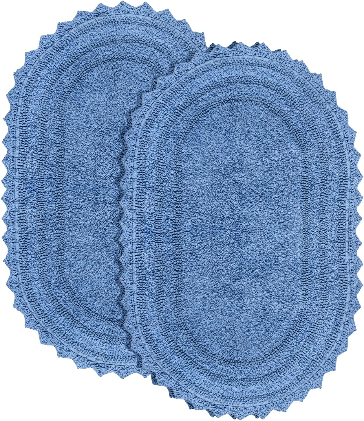 RAJRANG – Alfombra de baño ovalada azul parisino de 24 x 17 pulgadas, paquete de 2 tapetes de baño reversibles de ganchillo de algodón para