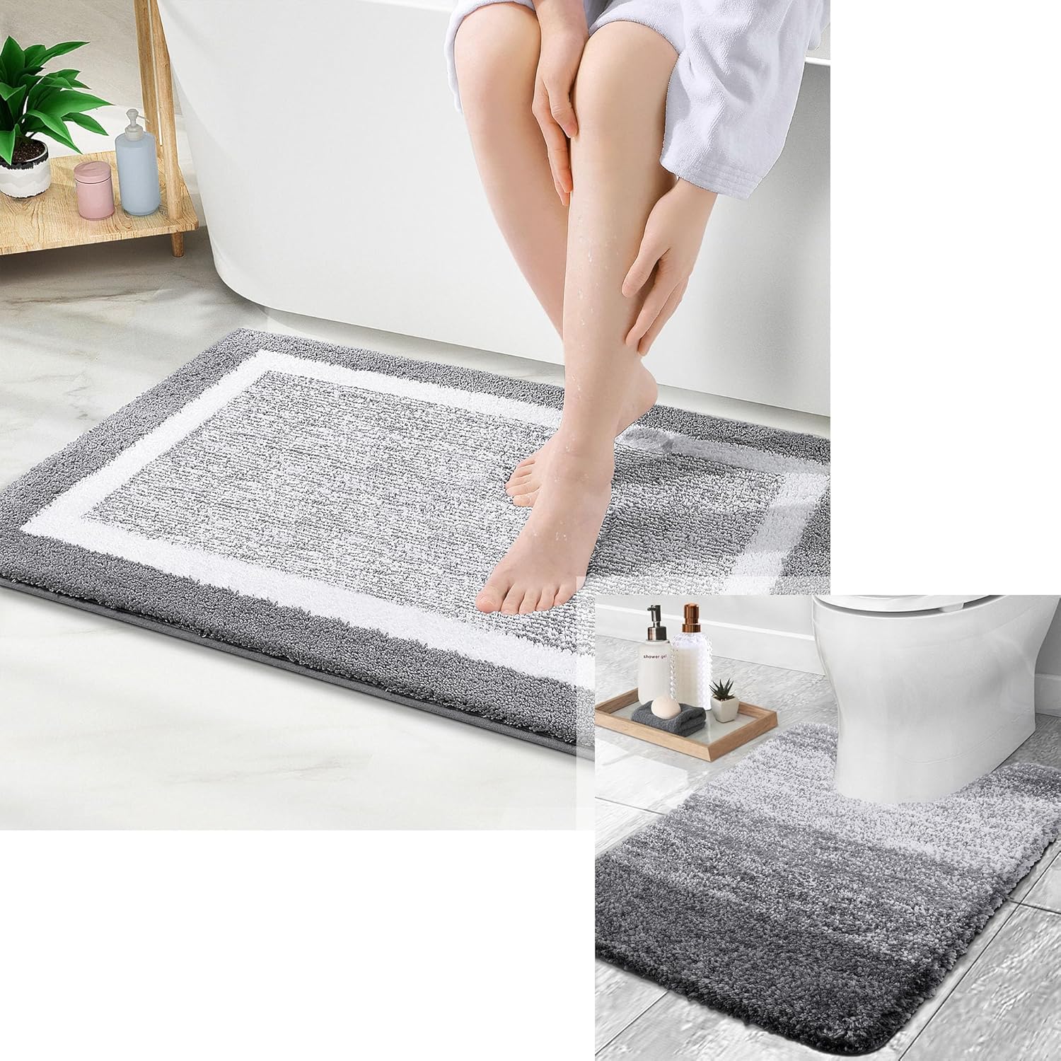 OLANLY Alfombras de baño y inodoros en forma de U, tamaño 30 x 20 pulgadas y alfombras de inodoro de 24 x 20 pulgadas, color gris, paquete de 2