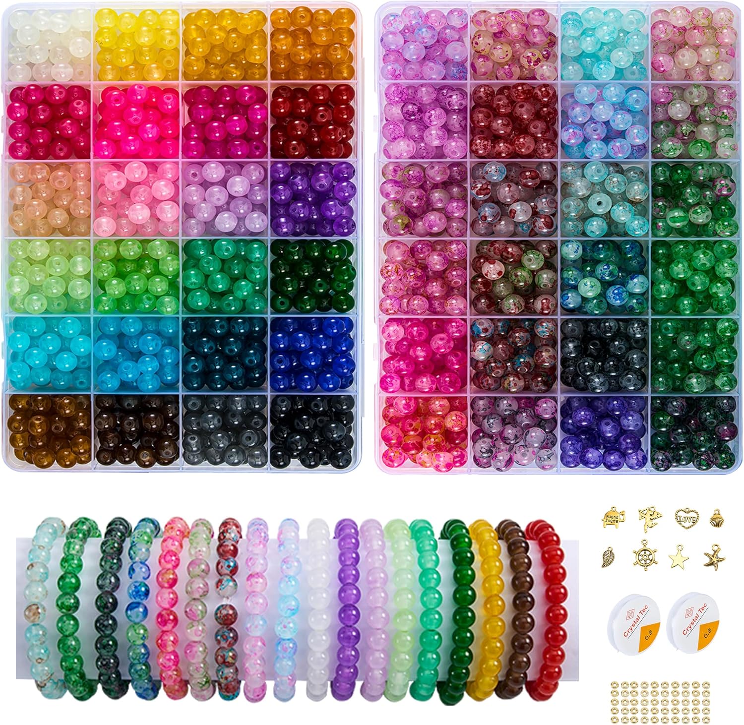 2 Pack More Than 1300PCS Round Glass Beads for Jewelry Making,48 Colors 8mm Crystal Beads for Bracelets Jewelry Making and DIY Crafts, 2 Box Round
