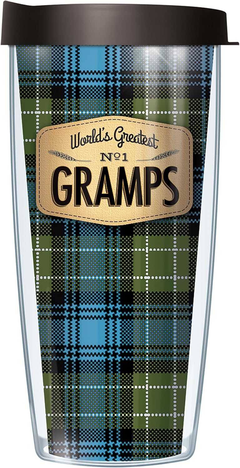 Signature Tumblers World’s Greatest No. 1 Gramps Wrap on Blue Flannel Taza de viaje de doble pared de 16 onzas con tapa negra Easy Sip