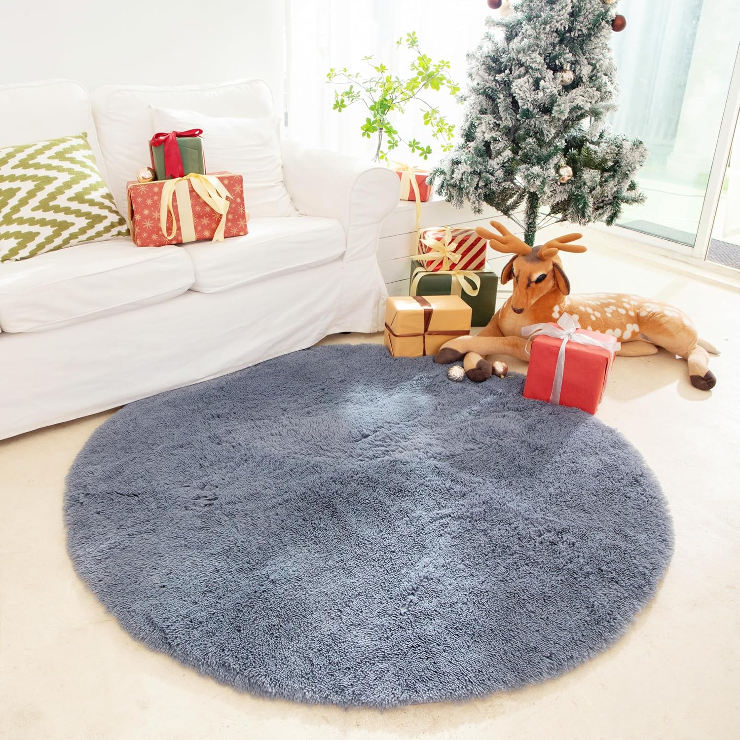 Alfombra redonda gris de 4 pies  Alfombra gris esponjosa de 4 x 4 pies para dormitorio  Alfombra circular peluda lavable  Bonita decoración de