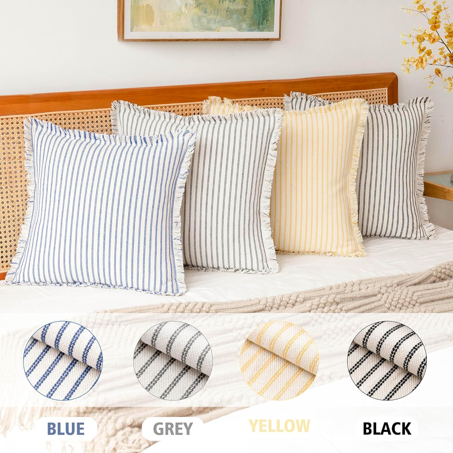Foindtower Paquete de 2 fundas de almohada decorativas modernas de algodón a rayas amarillas y beige, funda de cojín cuadrada de algodón con acento