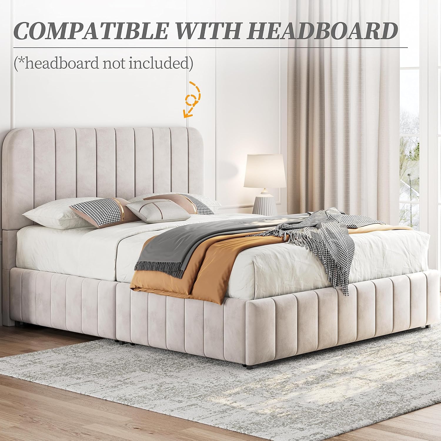 Topeakmart Base de cama tapizada tamaño Queen con 4 cajones, plataforma de almacenamiento con listones de madera, base de colchón, no incluye