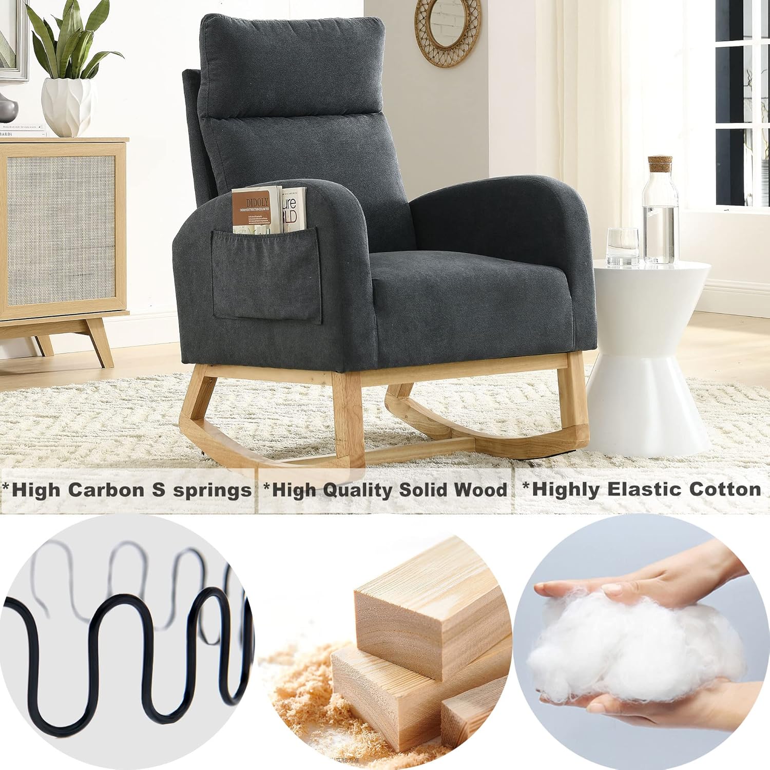 27.6 pulgadas de ancho, moderno acento mecedor, tapizado para habitación del bebé con respaldo alto y reposabrazos, cómodo sillón con dos bolsillos