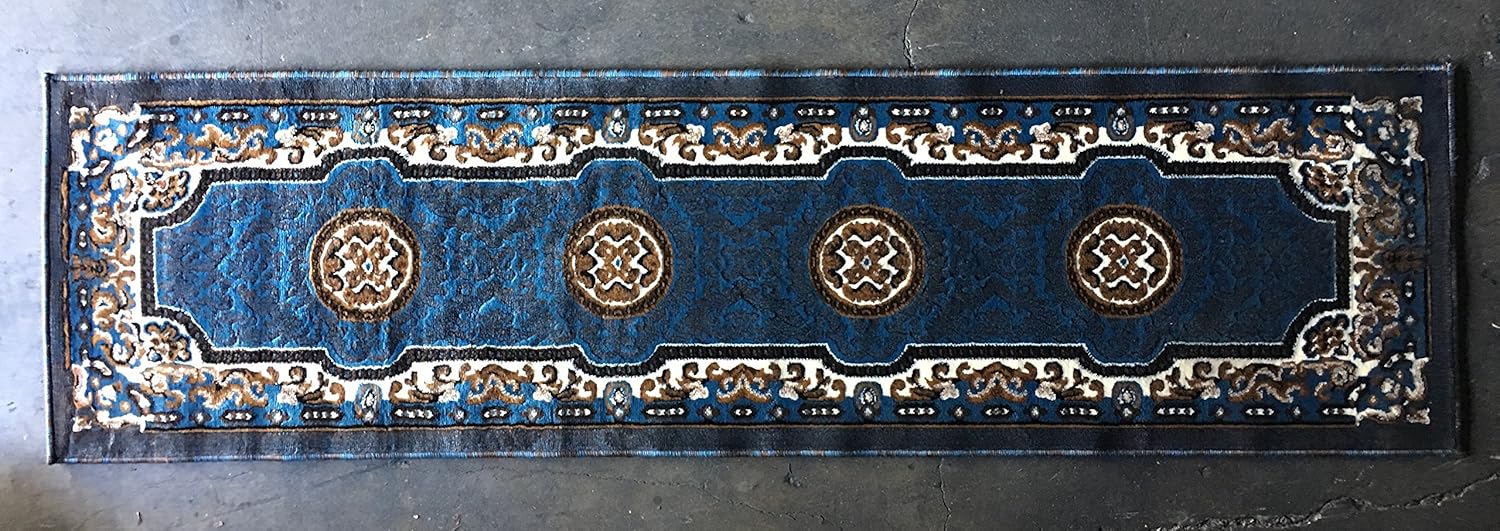 Kingdom Alfombra de pasillo tradicional azul marrón diseño persa D123 (2 pies x 7 pies)