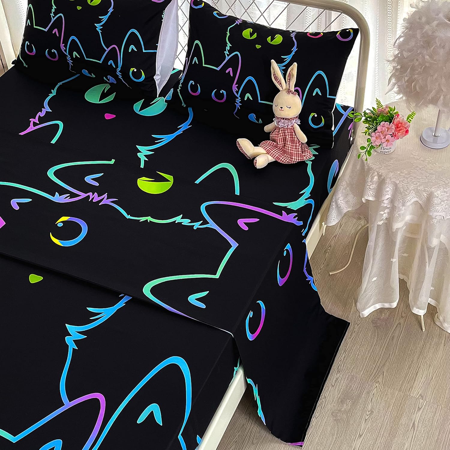BailiPromise Lindo juego de sábanas de dibujos animados de gatos, tamaño individual, sábanas Kawaii con diseño de animales de trazos simples con