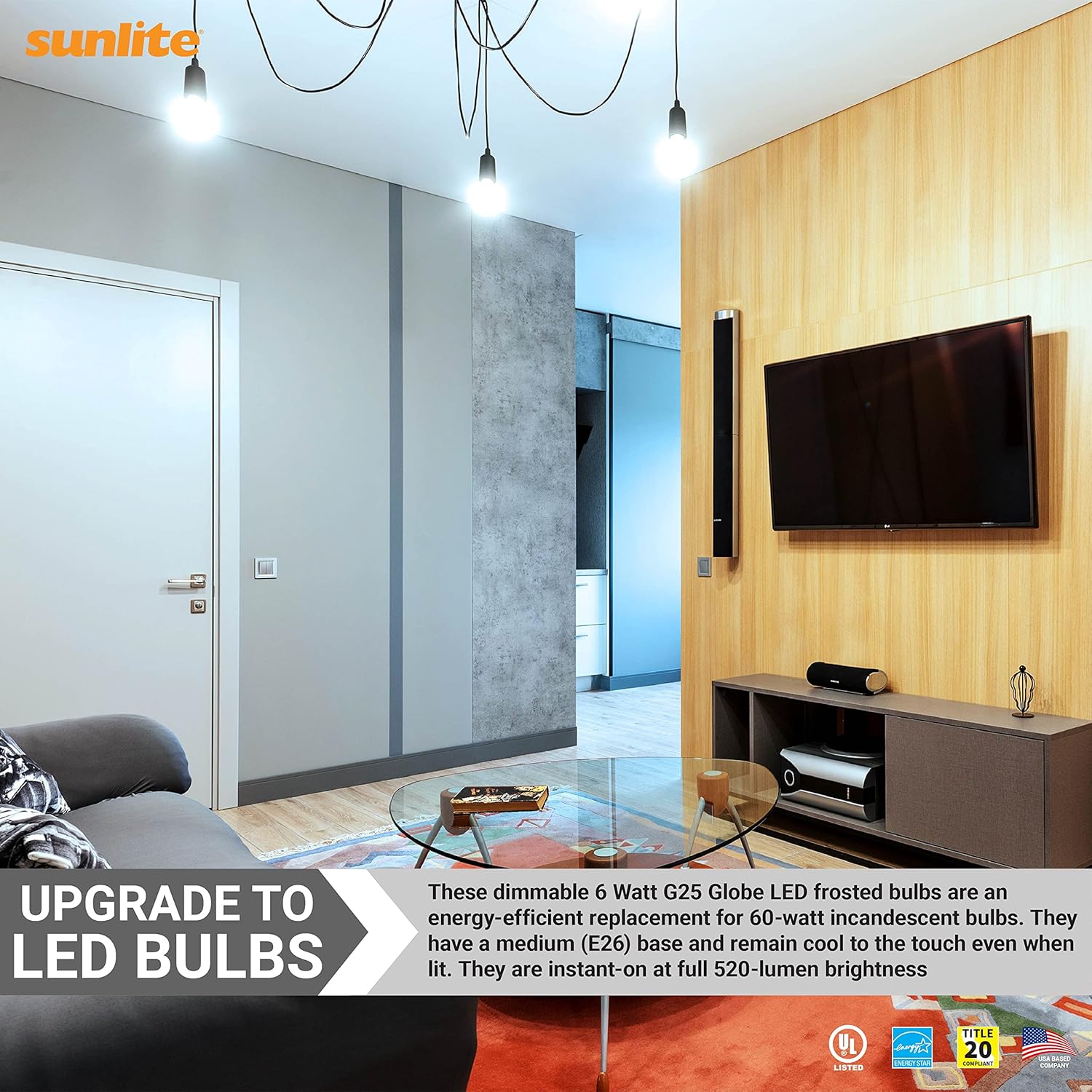 Sunlite Bombilla LED G25 41821, 6 vatios (equivalente a 60 W), base E26 estándar, 520 lúmenes, regulable, esmerilado, Energy Star, 90 CRI,